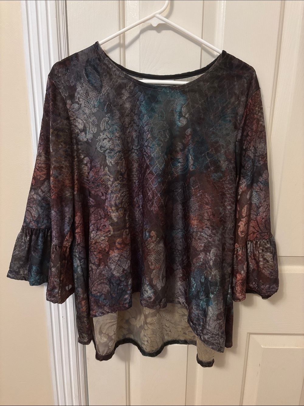 bryn Walker Floral Sheer Ruffle-Sleeve Blouse in Blue, Brown and Purple